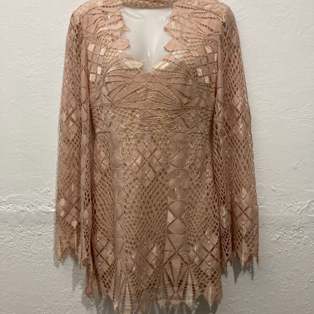 Free People Deco Lace Mini Dress Fairycore Bell Sleeve Ivory Combo Lined Size 4 - Picture 4 of 12